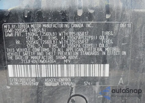 2010 Toyota Rav4 из США, поврежденный, VIN 2T3JF4DV7AW064064